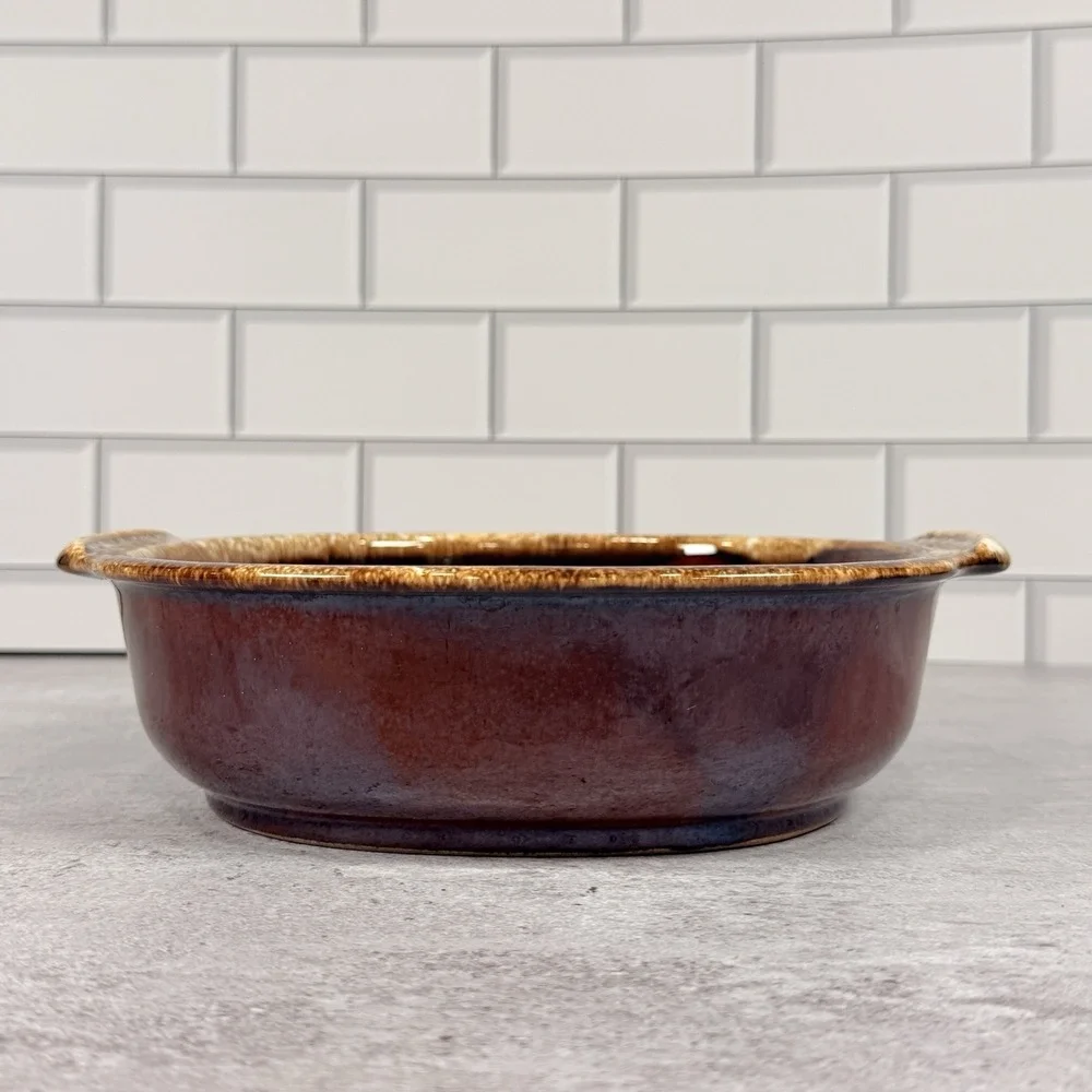 Hull Brown Drip Glaze Round Handled Stoneware Baking Serving Dish Vintage USA 9